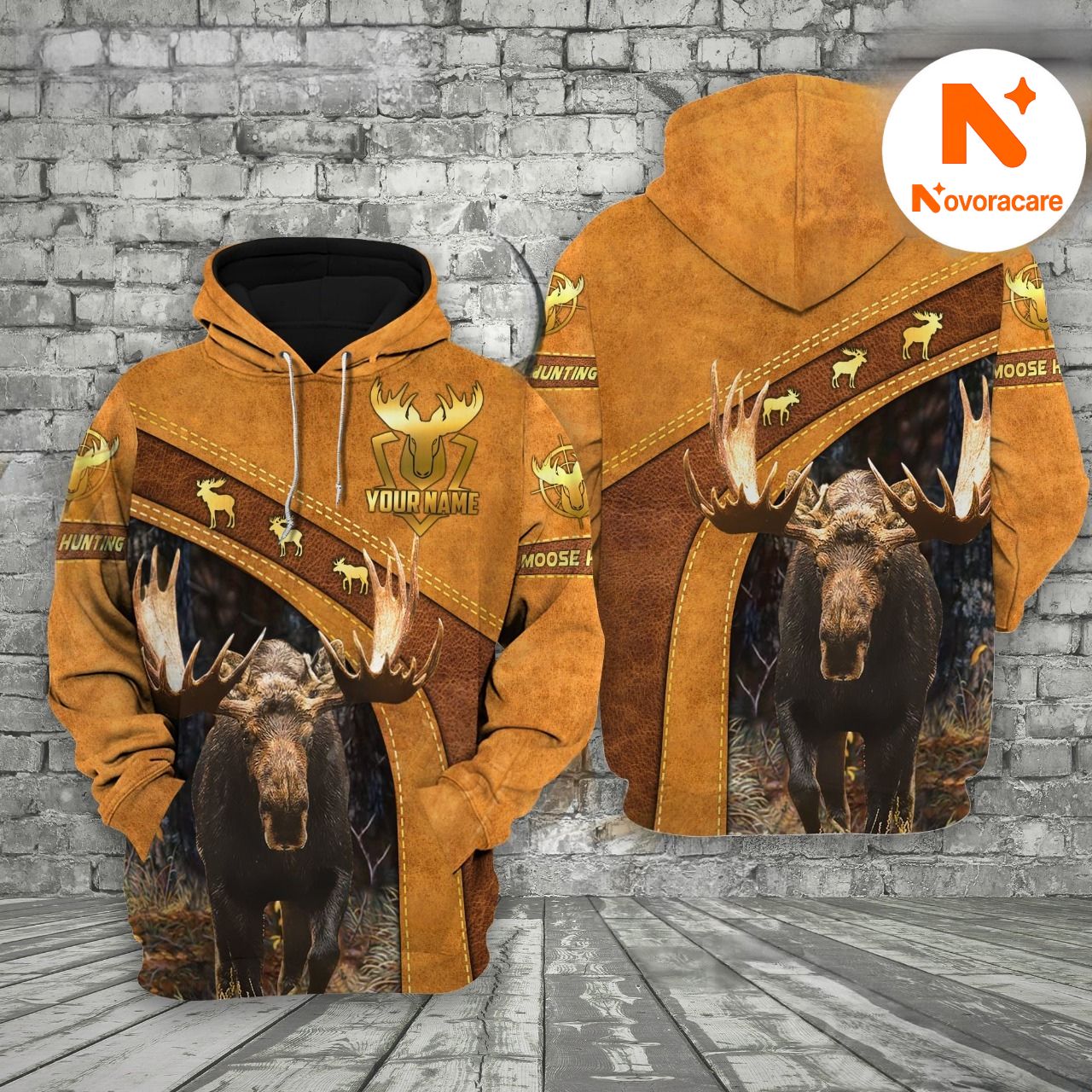 Novoracare Brown Leather Style Moose Hunting Custom Name Apparel 3D Hoodie All Over Printed Clothes