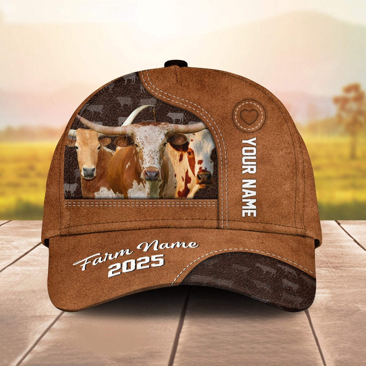 Novacare Custom Name And Farm Name Texas Longhorn Brown Leather Pattern 3D Classic Cap