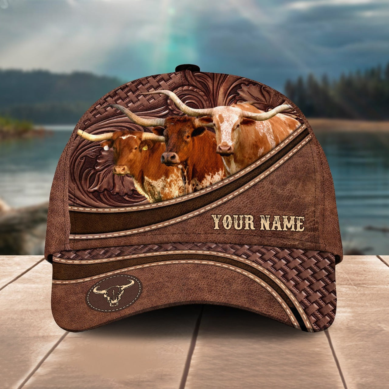 Novacare Texas Longhorn Personalized Name Brown Carving Leather Pattern 3D Classic Cap