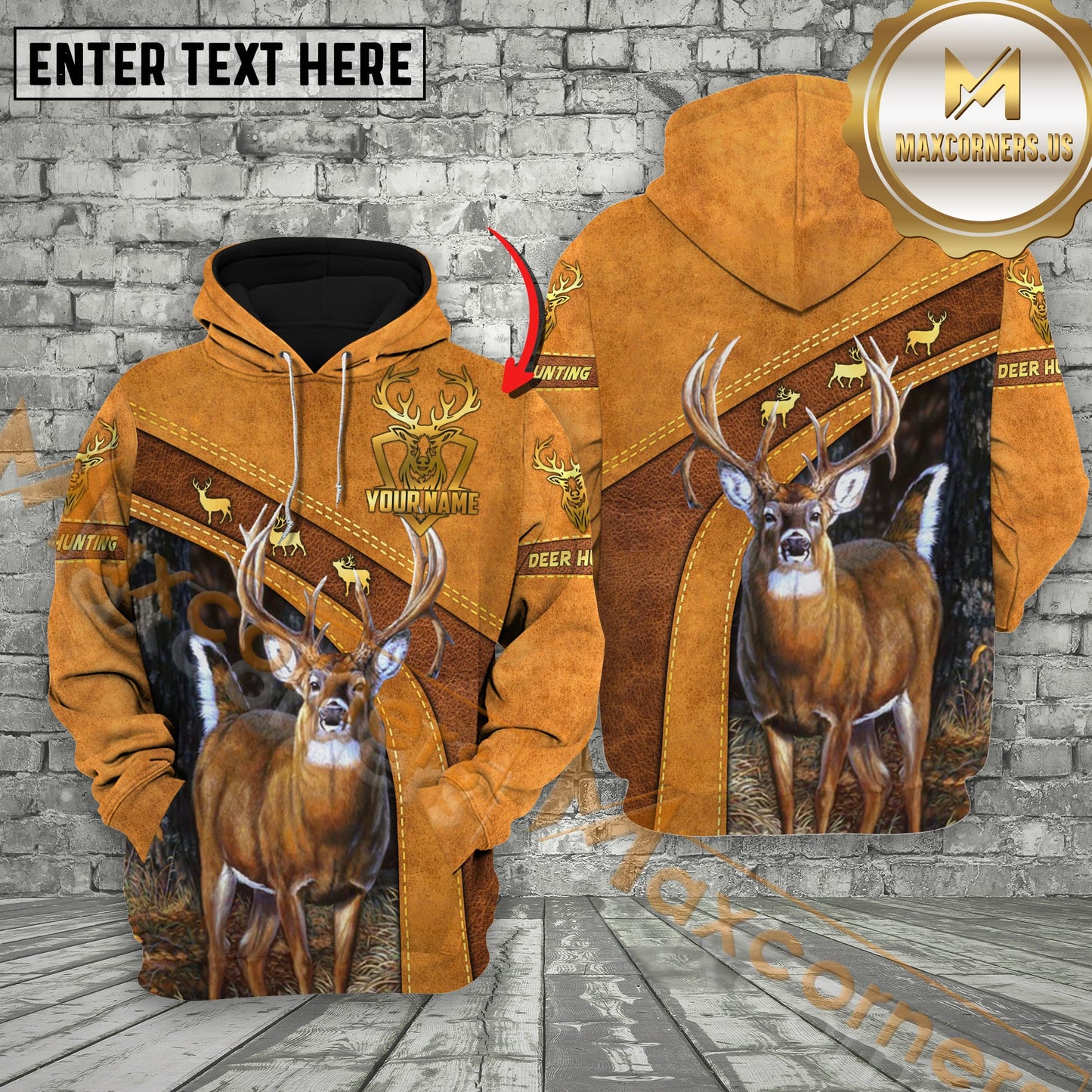 Novoracare Brown Leather Style Deer Hunting Custom Name Buck Deer Apparel 3D Hoodie All Over Printed Clothes