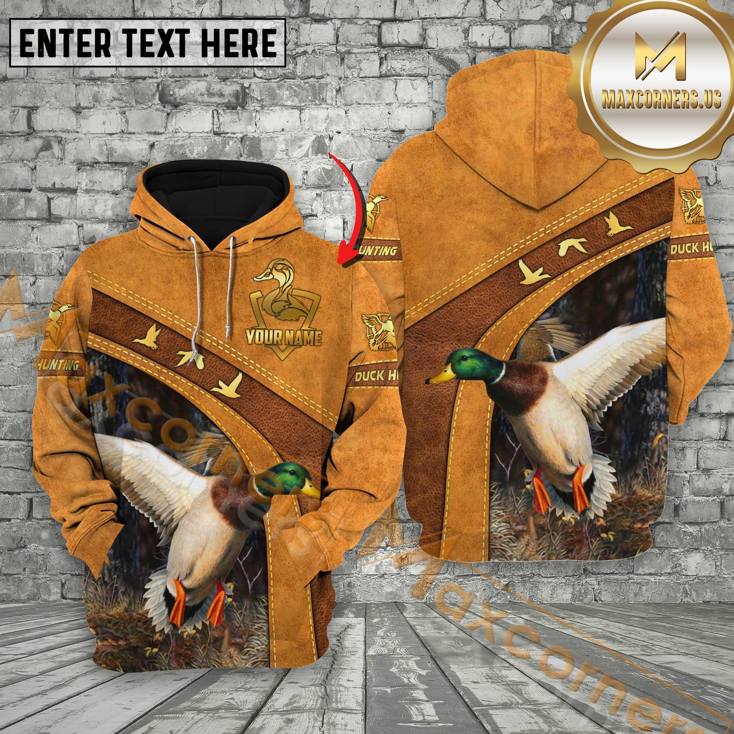 Novoracare Brown Leather Style DuckHunting Custom Name Apparel 3D Hoodie All Over Printed Clothes