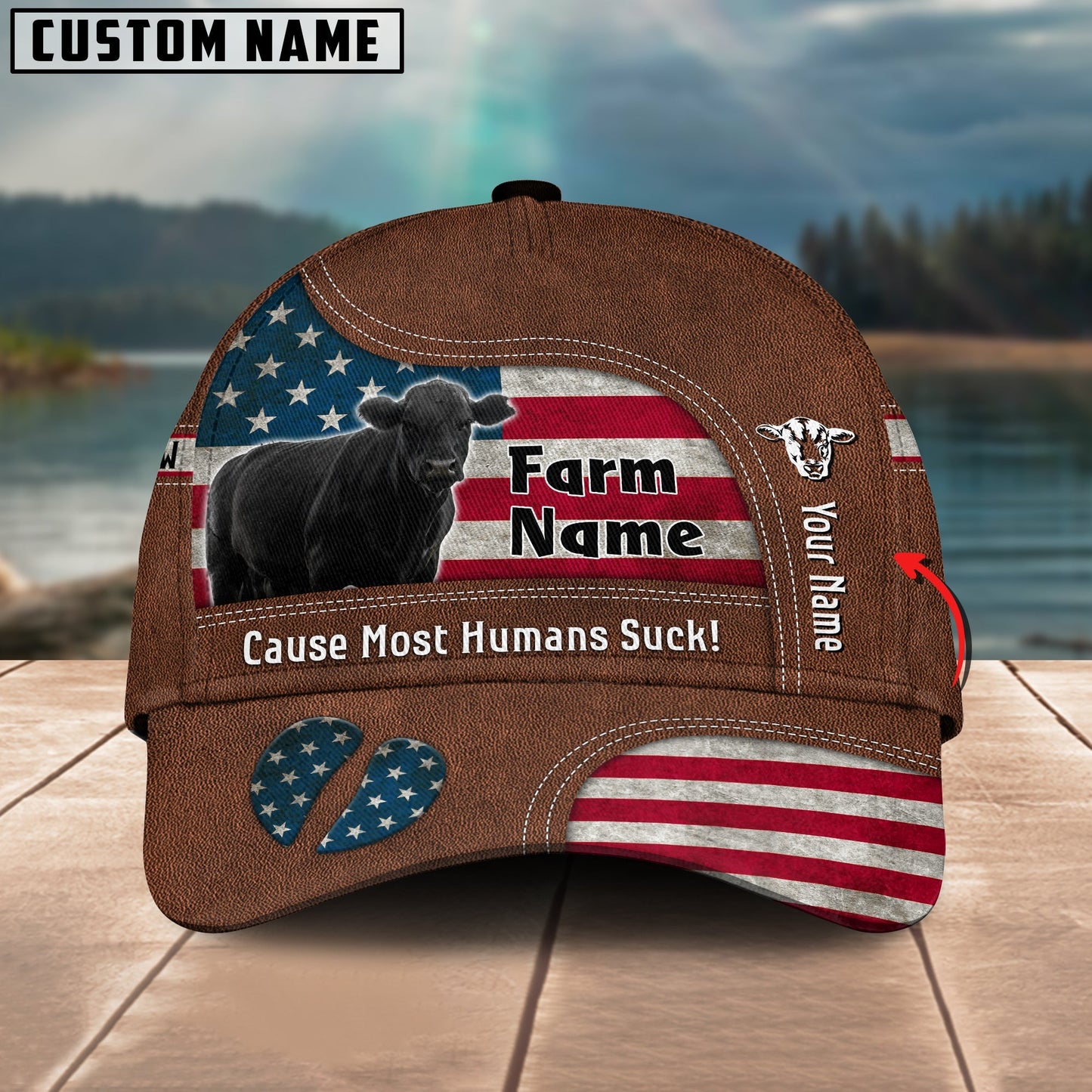 Novacare Black Angus US Flag Customized Name And Farm Name Cap