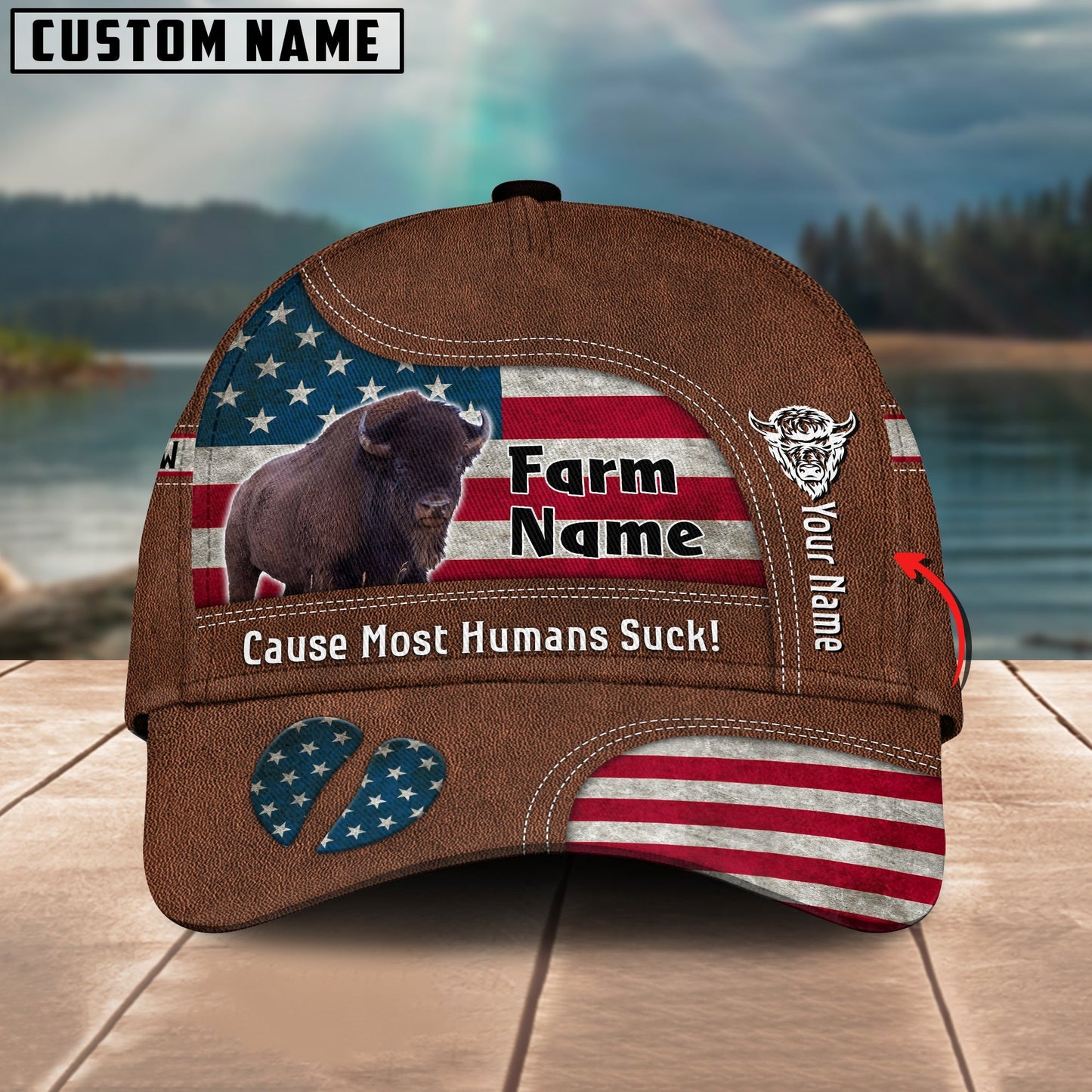 Novacare Bison US Flag Customized Name And Farm Name Cap