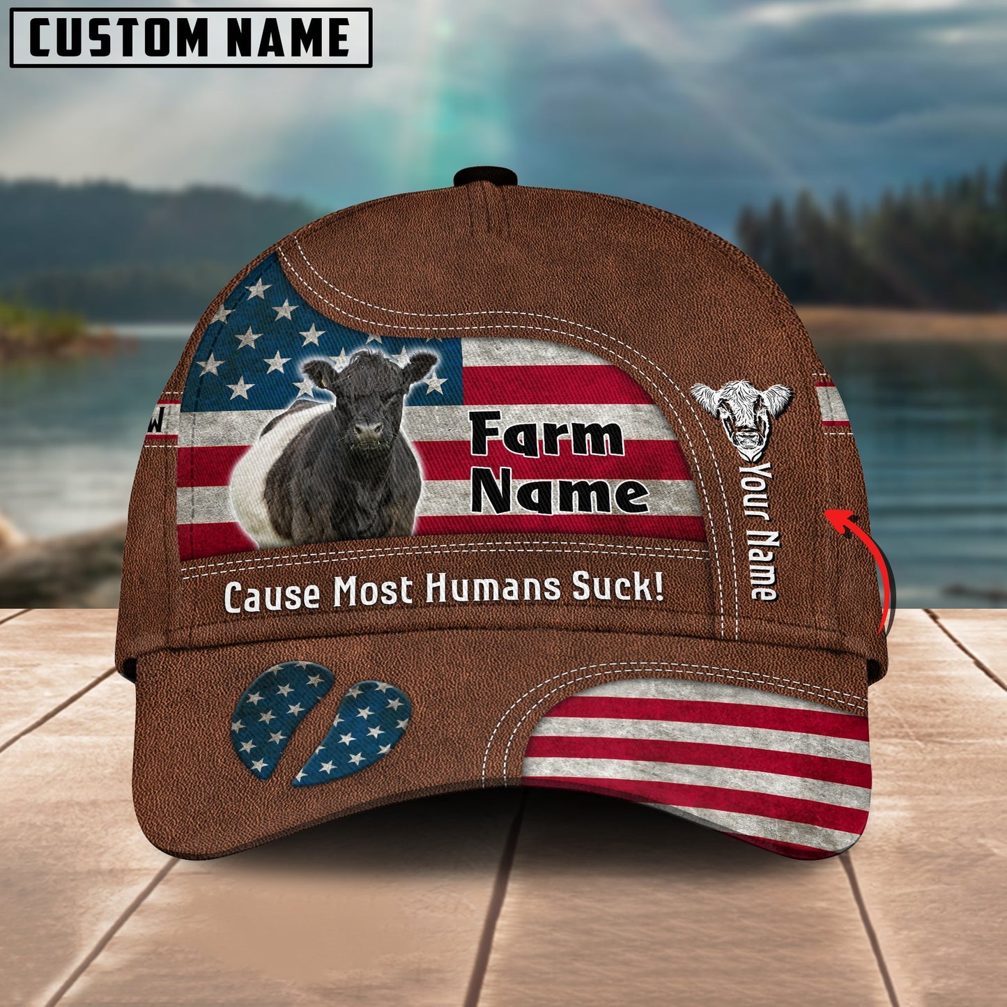 Novacare Belted Galloway US Flag Customized Name And Farm Name Cap