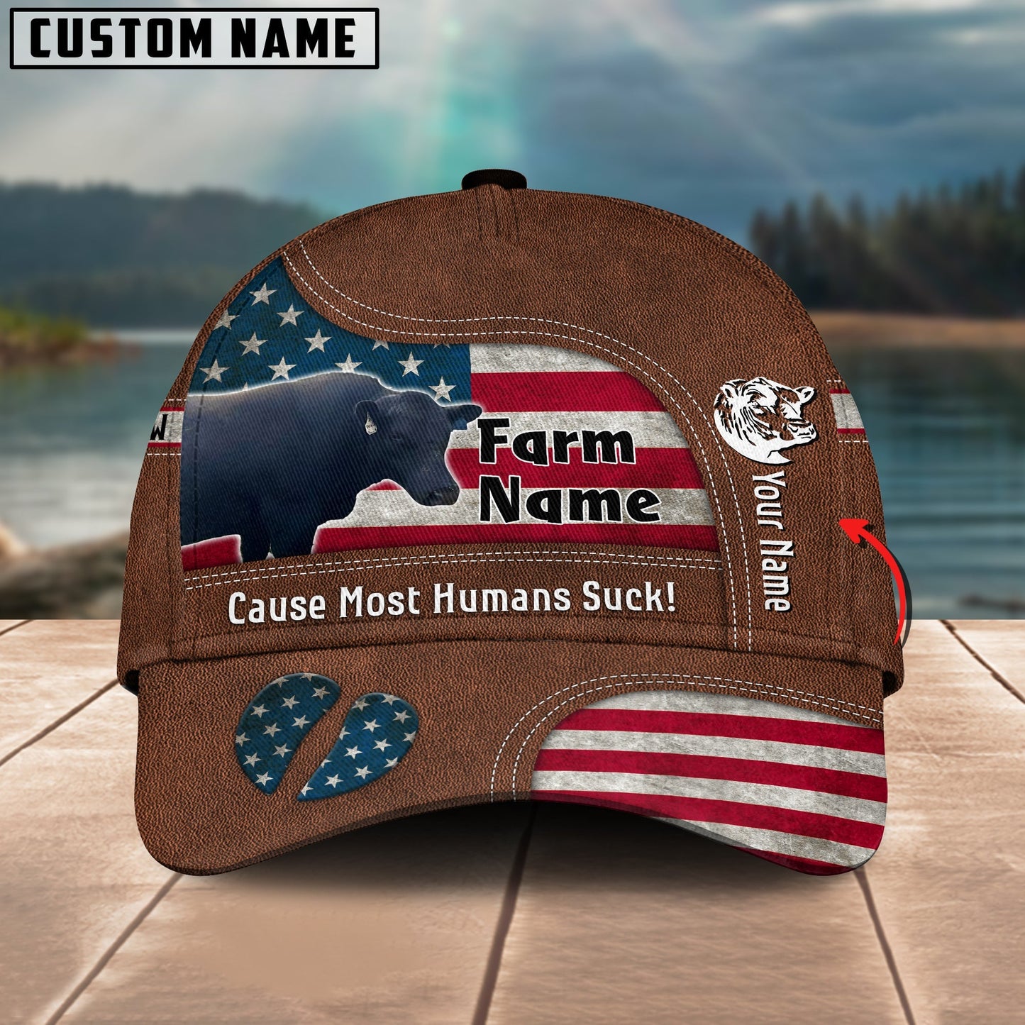 Novacare Black Gelbvieh Bull US Flag Customized Name And Farm Name Cap
