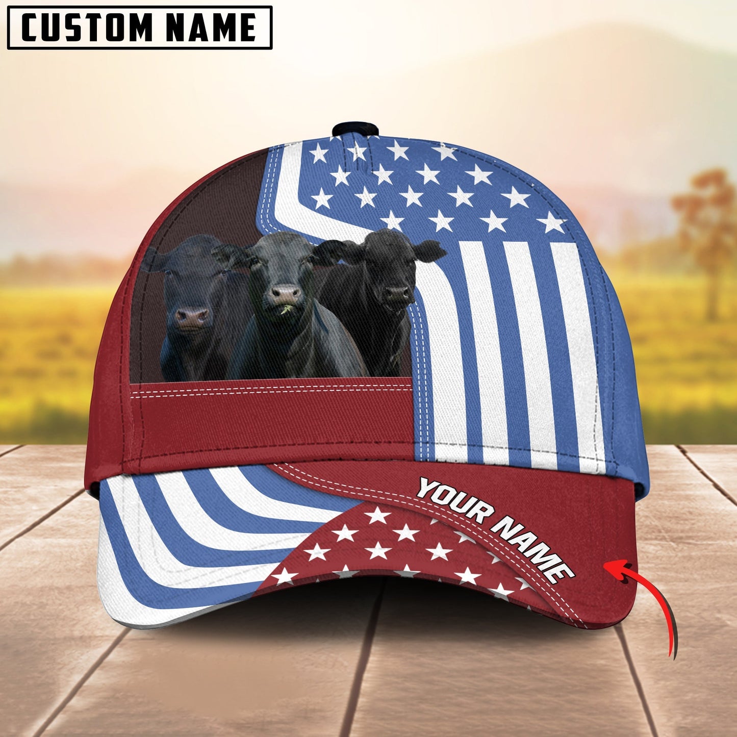 Gorustics Custom Name Black Angus US Flag Proud 3D Classic Cap