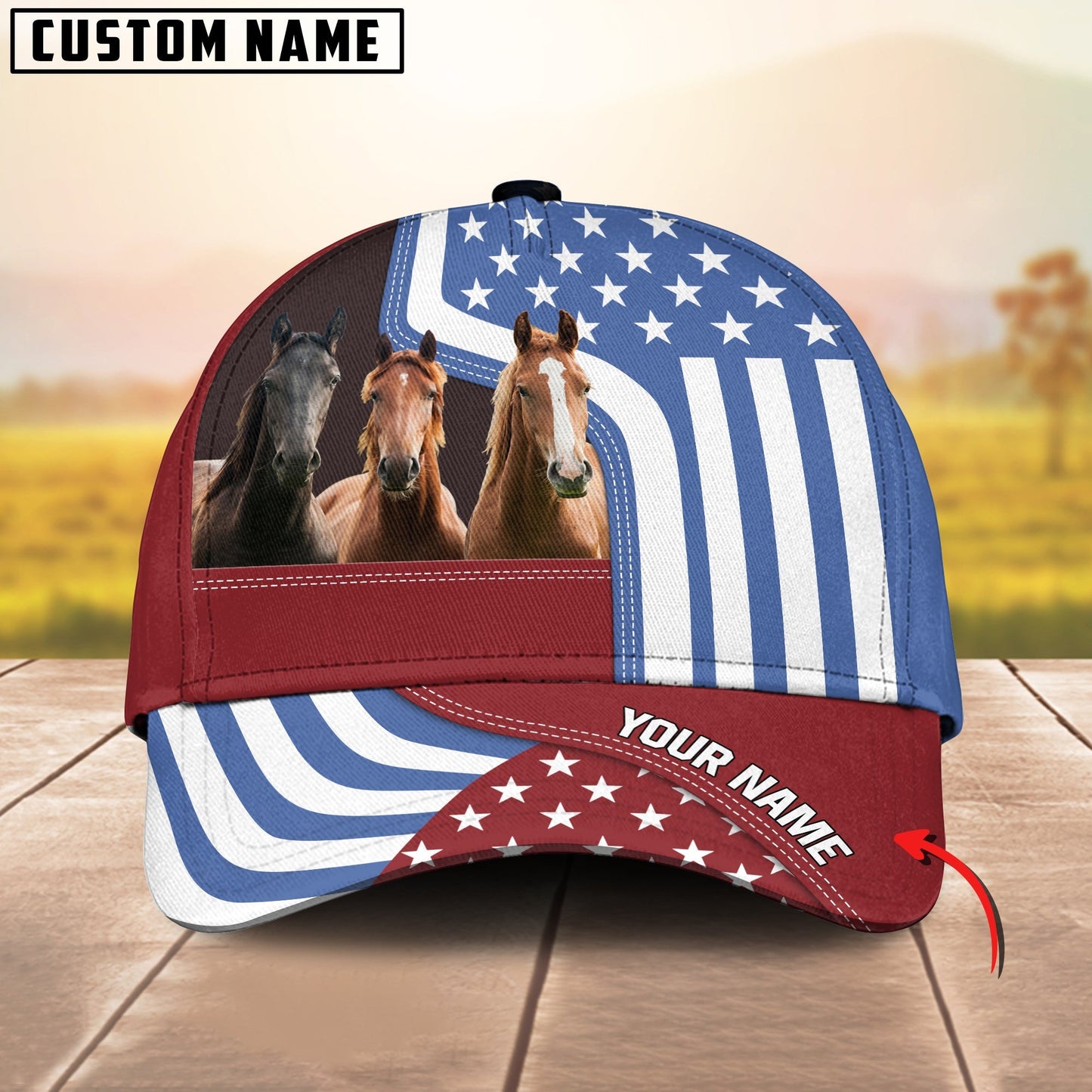 Novacare Custom Name Horse US Flag Proud 3D Classic Cap