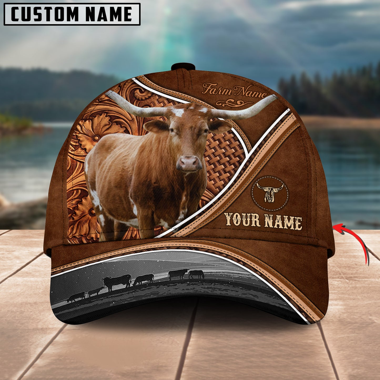 Novacare Texas Longhorn Personalized Farm Name Brown Carving Leather Pattern 3D Classic Cap