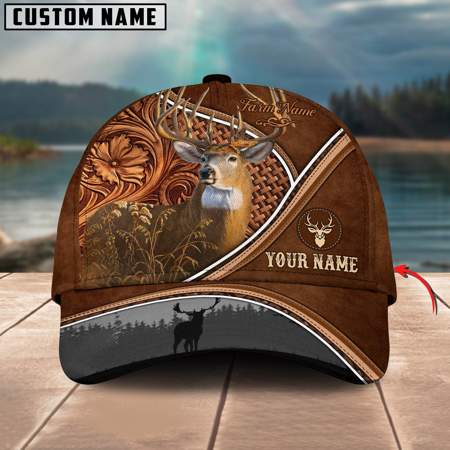 Novacare Deer Personalized Name Brown Carving Leather Pattern 3D Classic Cap