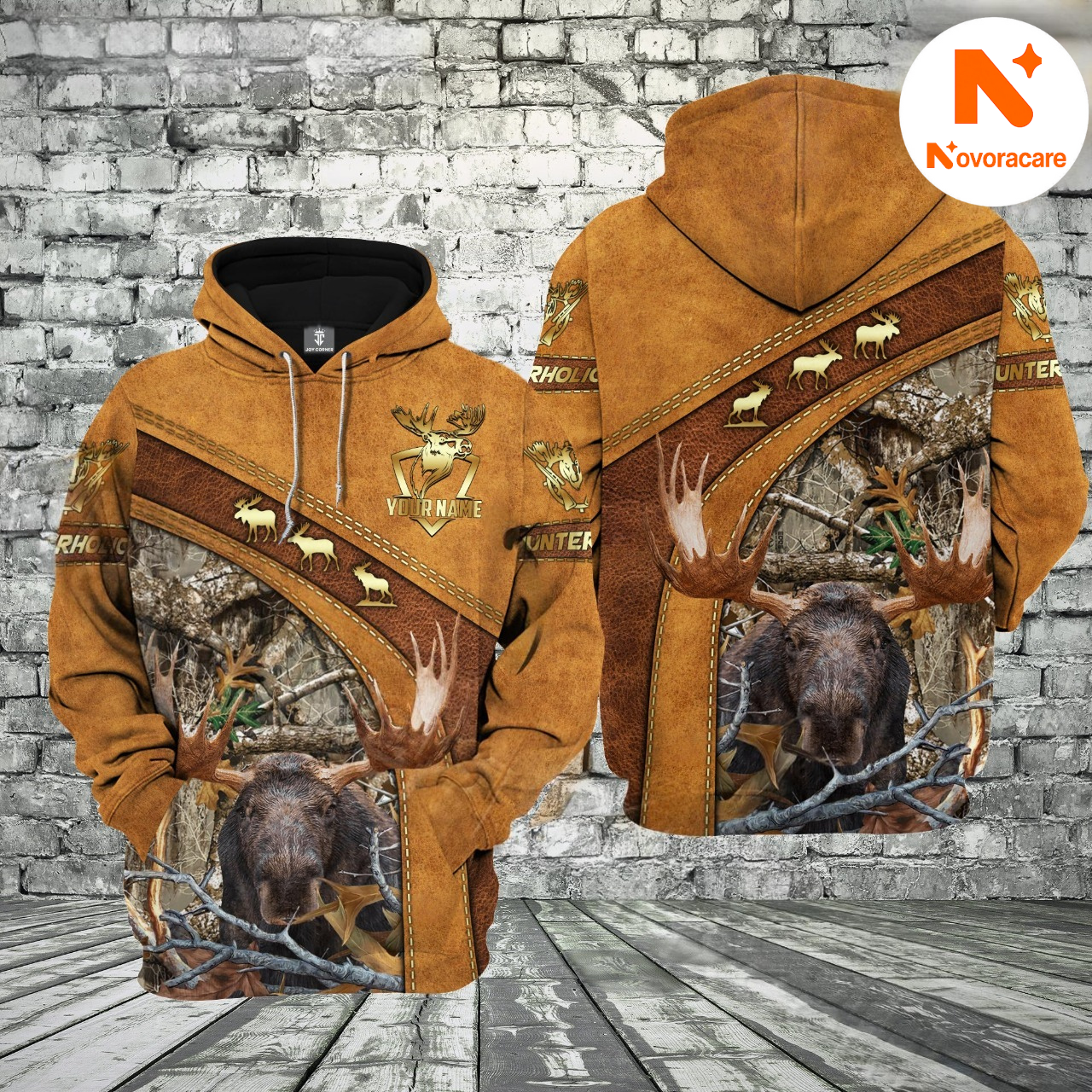 Novoracare Brown Leather Style Moose Hunting Custom Name Hunter Apparel With Grass Brown Camo 3D Hoodie All Over Printed Clothes