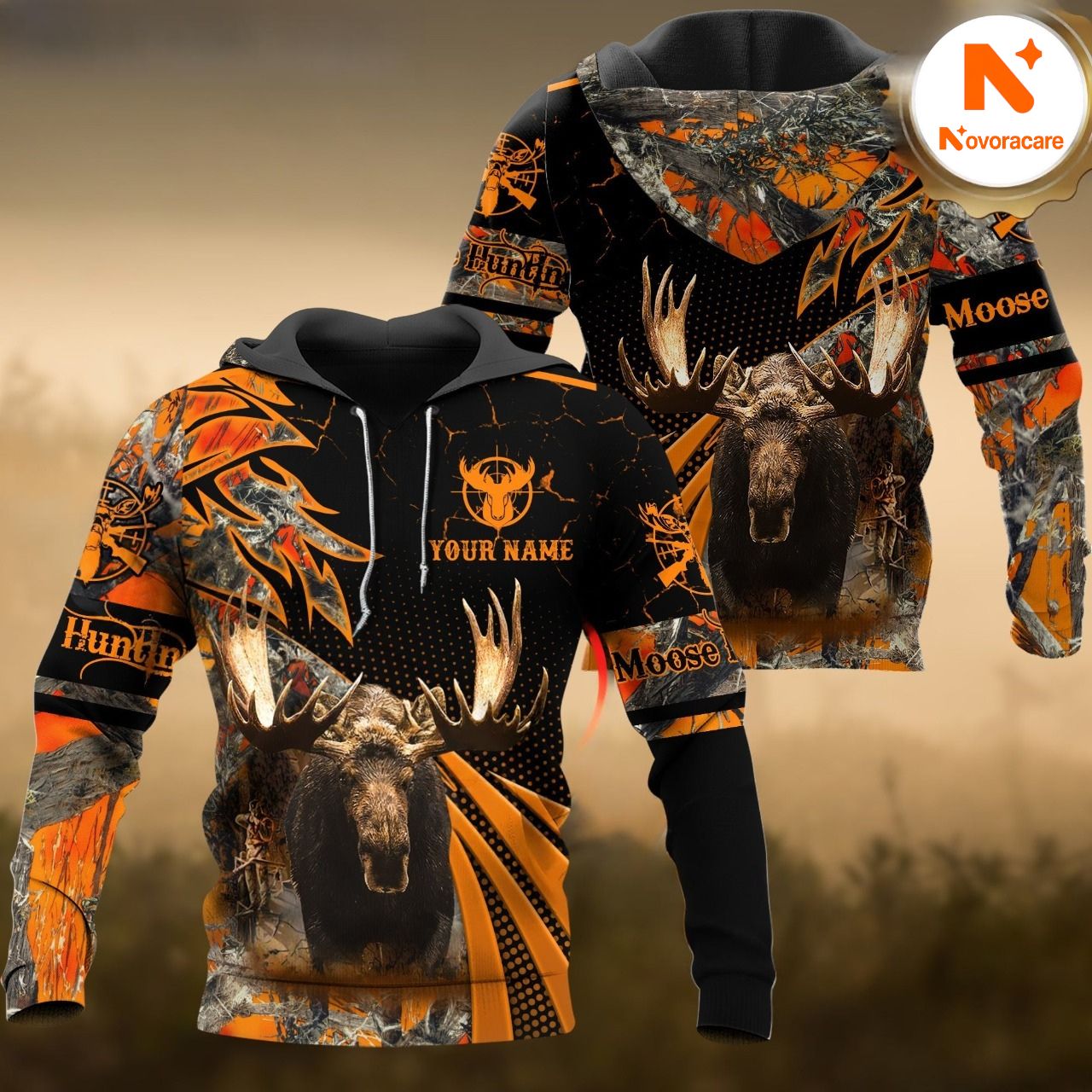 Novoracare Moose Hunting Orange Camo Dot Pattern Custom Name Shirt 3D All Over Printed Clothes