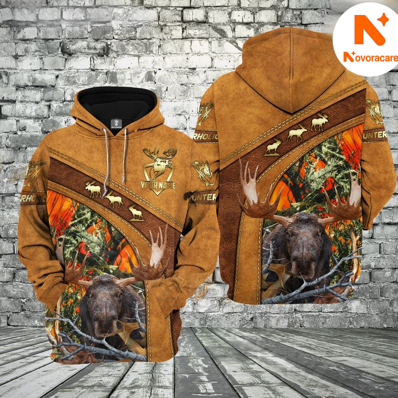 Novoracare Brown Leather Style Moose Hunting Custom Name Hunter Apparel With Orange Camo 3D Hoodie All Over Printed Clothes
