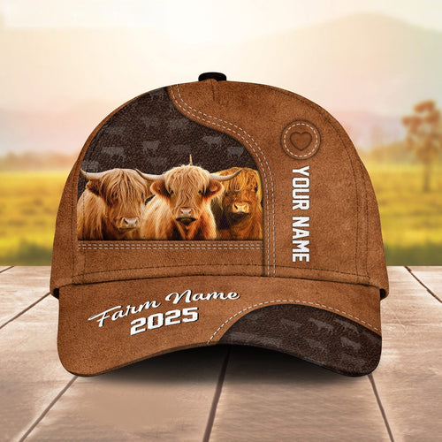 Novacare Custom Name And Farm Name Highland Catlle Brown Leather Pattern 3D Classic Cap