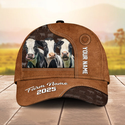 Novacare Custom Name And Farm Name Holstein Brown Leather Pattern 3D Classic Cap