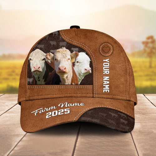 Novacare Custom Name And Farm Name Hereford Brown Leather Pattern 3D Classic Cap