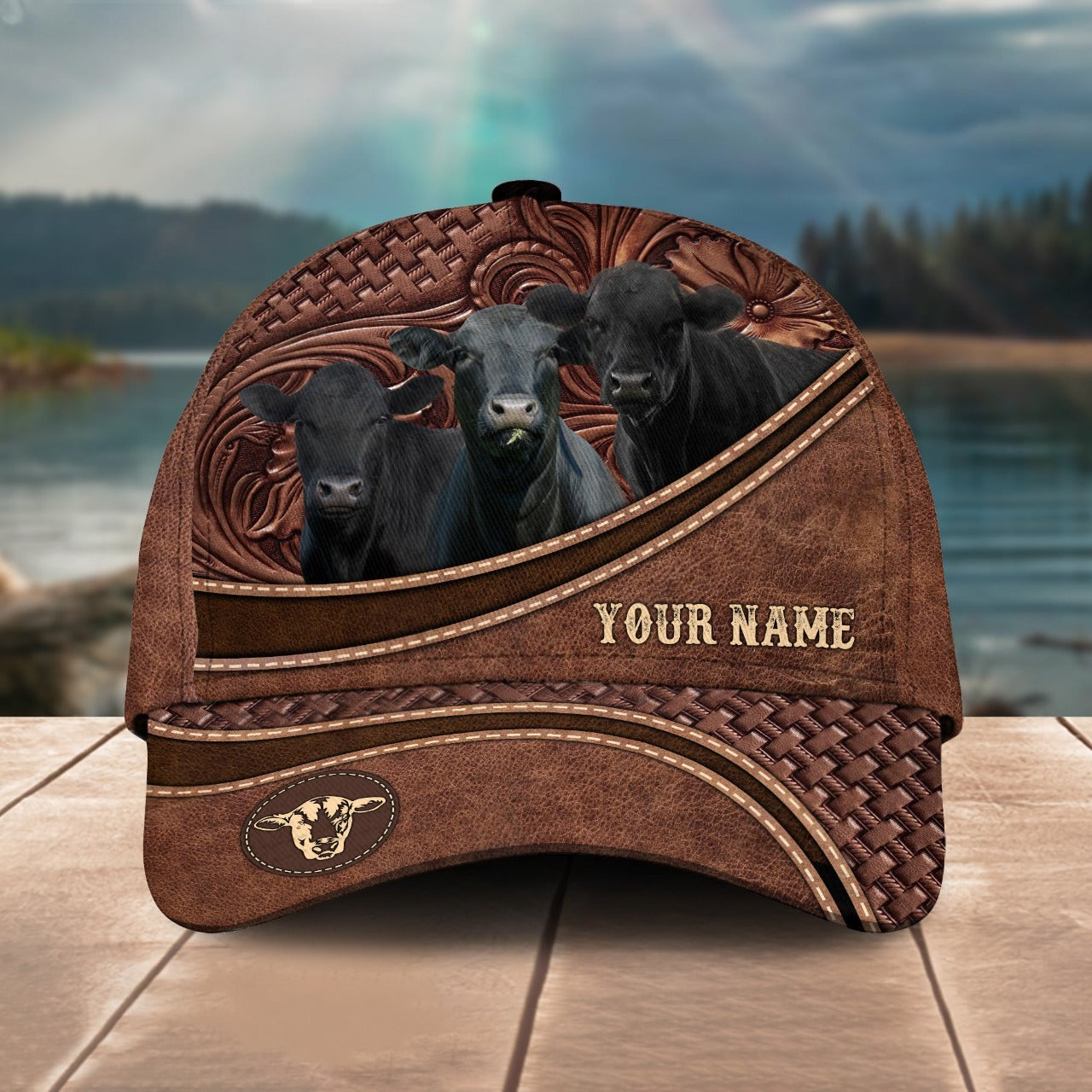 Novacare Black Angus Personalized Name Brown Carving Leather Pattern 3D Classic Cap