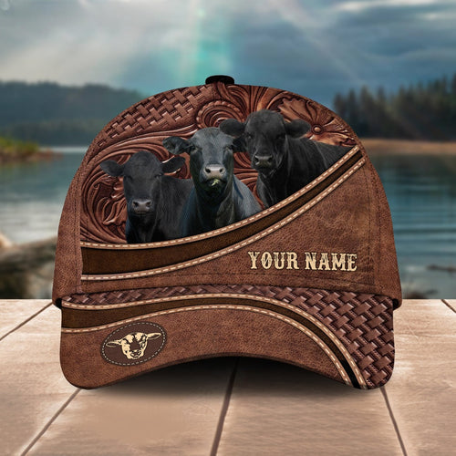 Novacare Black Angus Personalized Name Brown Carving Leather Pattern 3D Classic Cap