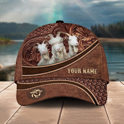 Novacare Goat Personalized Name Brown Carving Leather Pattern 3D Classic Cap