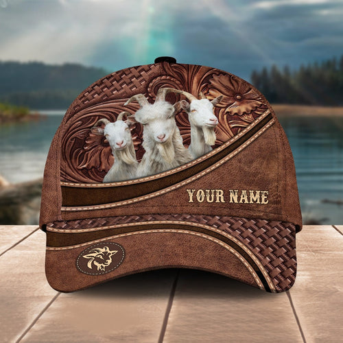 Novacare Goat Personalized Name Brown Carving Leather Pattern 3D Classic Cap
