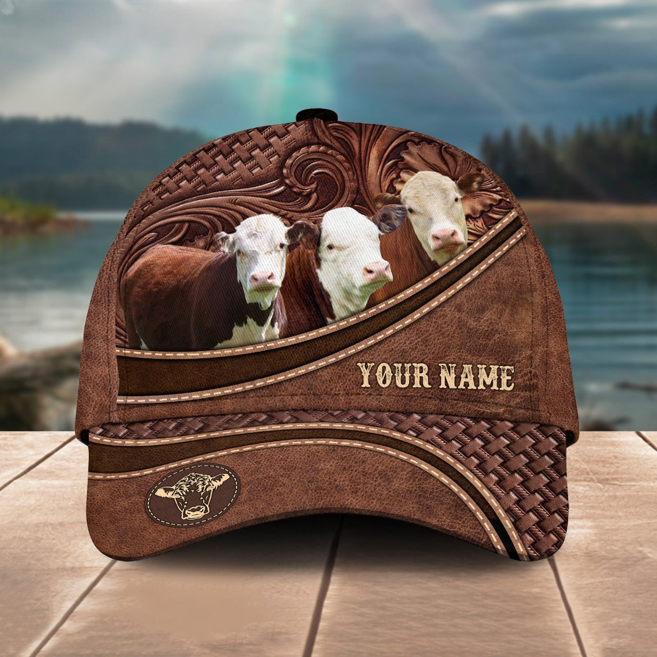 Novacare Hereford Cattle Personalized Name Brown Carving Leather Pattern 3D Classic Cap