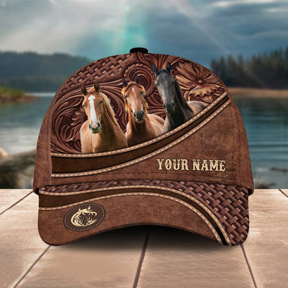 Novacare Horse Personalized Name Brown Carving Leather Pattern 3D Classic Cap