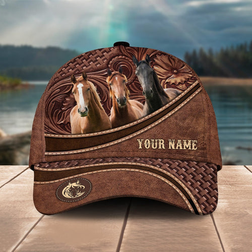 Novacare Horse Personalized Name Brown Carving Leather Pattern 3D Classic Cap