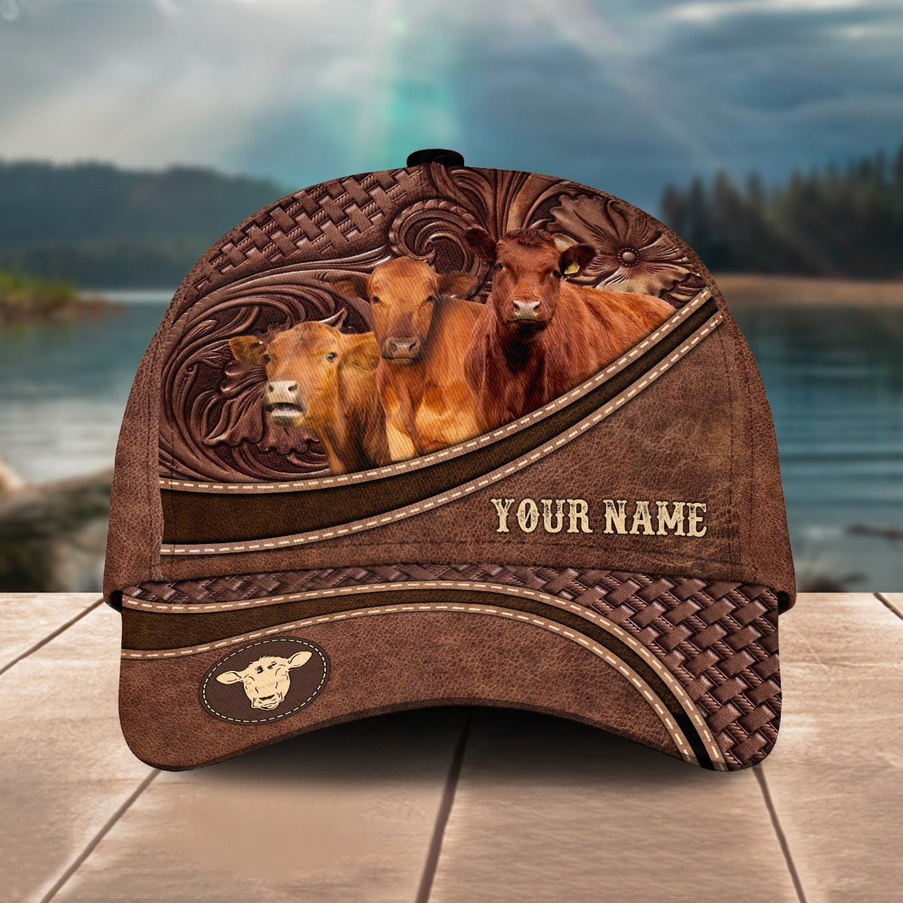 Novacare Red Angus Personalized Name Brown Carving Leather Pattern 3D Classic Cap