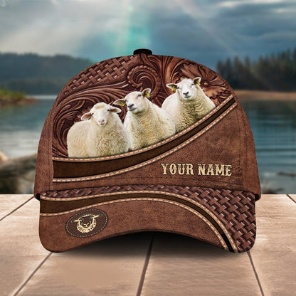 Novacare Sheep Personalized Name Brown Carving Leather Pattern 3D Classic Cap