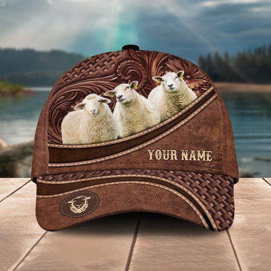 Novacare Sheep Personalized Name Brown Carving Leather Pattern 3D Classic Cap