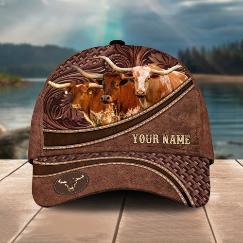 Novacare Texas Longhorn Personalized Name Brown Carving Leather Pattern 3D Classic Cap