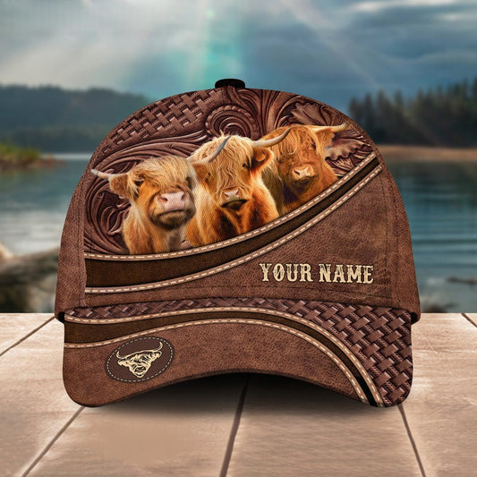 Novacare Highland Cattle Personalized Name Brown Carving Leather Pattern 3D Classic Cap