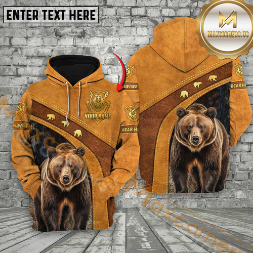 Novoracare Brown Leather Style Bear Hunting Custom Name Apparel 3D Hoodie All Over Printed Clothes