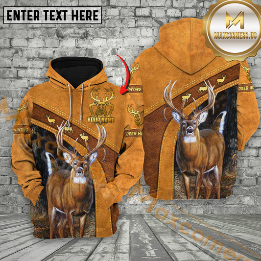 Novoracare Brown Leather Style Deer Hunting Custom Name Buck Deer Apparel 3D Hoodie All Over Printed Clothes