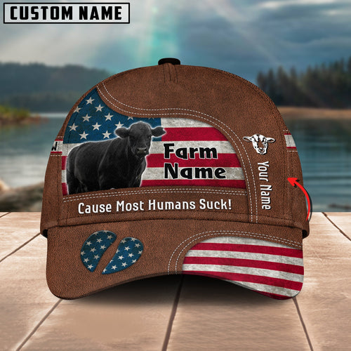 Novacare Black Angus US Flag Customized Name And Farm Name Cap