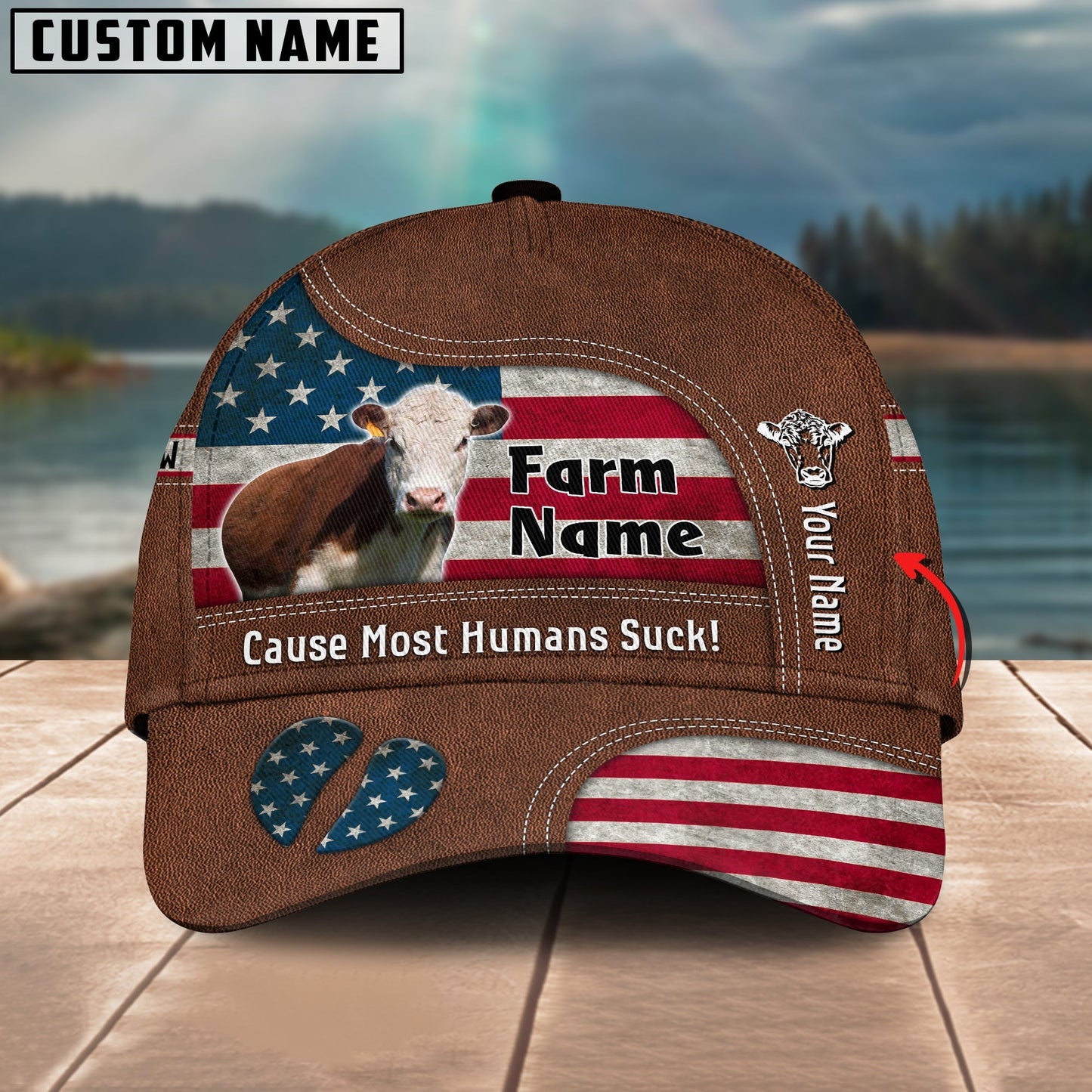 Novacare Hereford US Flag Customized Name And Farm Name Cap