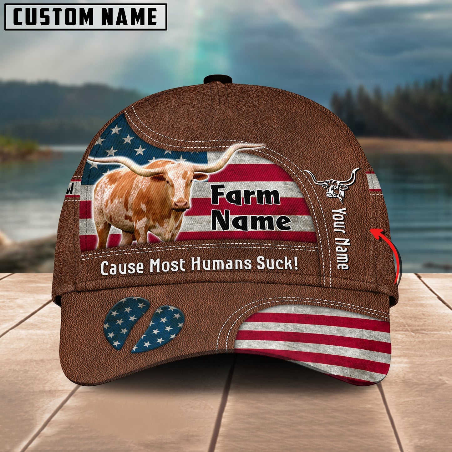 Novacare Texas Longhorn US Flag Customized Name And Farm Name Cap