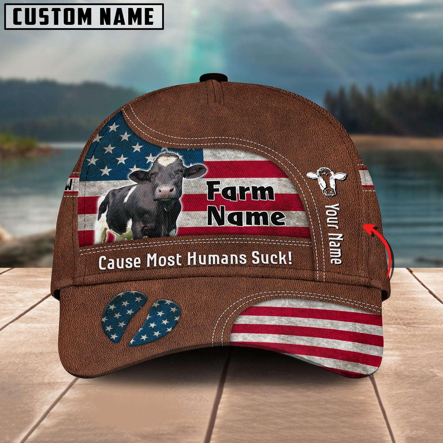 Novacare Holstein US Flag Customized Name And Farm Name Cap
