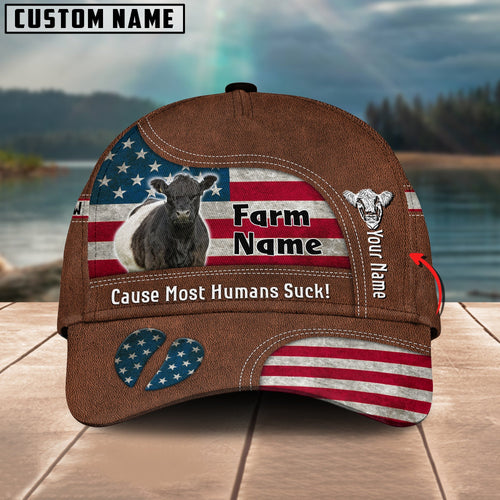 Novacare Belted Galloway US Flag Customized Name And Farm Name Cap