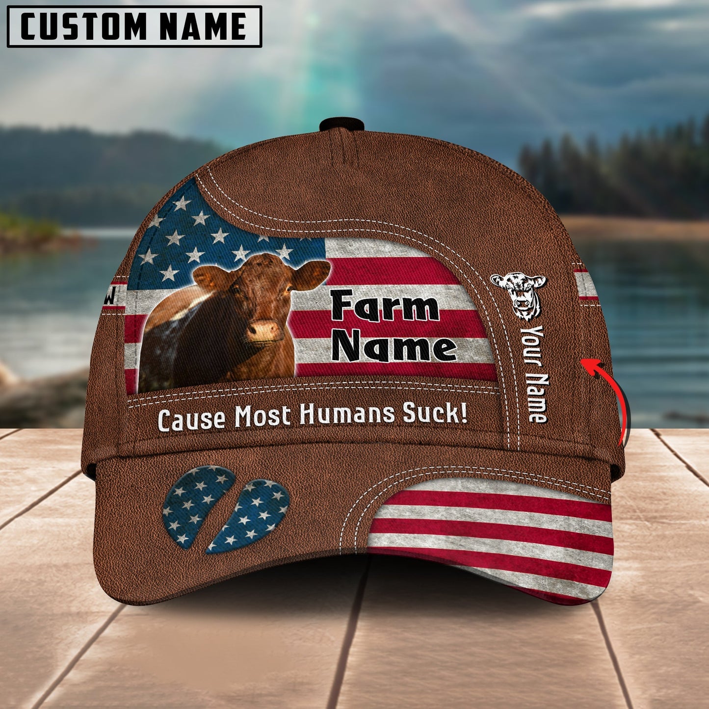 Novacare Shorthorn US Flag Customized Name And Farm Name Cap