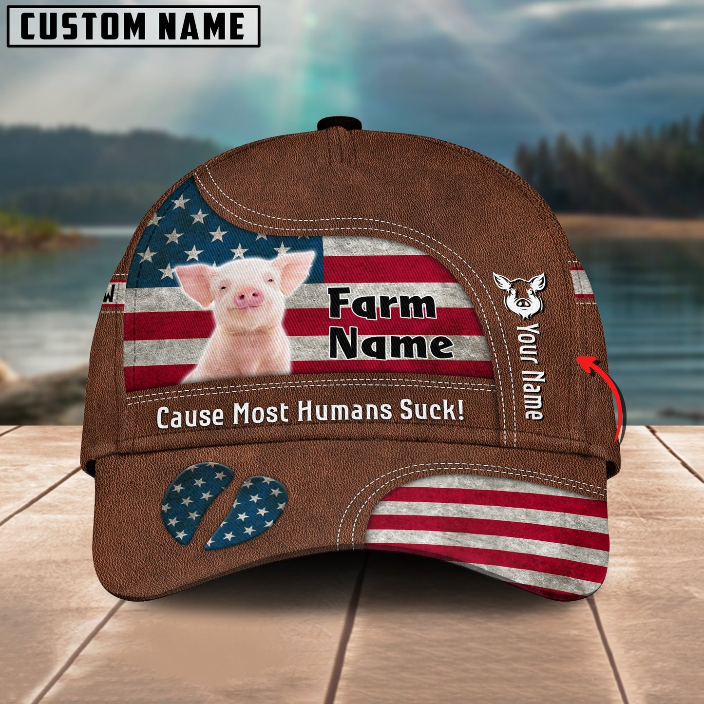 Novacare Pig US Flag Customized Name And Farm Name Cap
