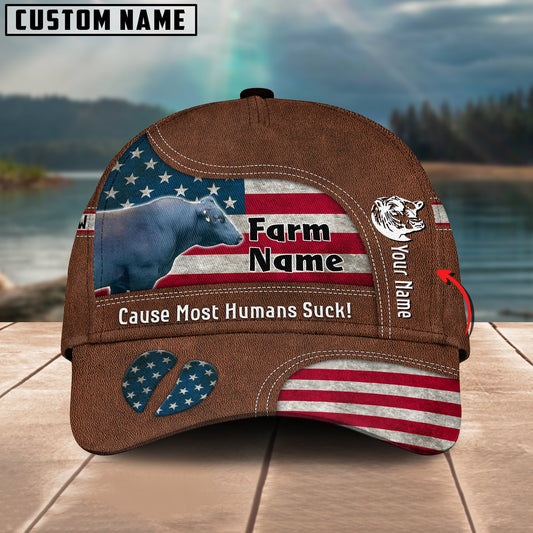 Novacare Black Gelbvieh Bull US Flag Customized Name And Farm Name Cap