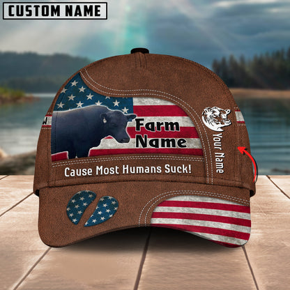 Novacare Black Gelbvieh Bull US Flag Customized Name And Farm Name Cap