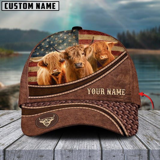 Novacare Highland Cattle US Flag Personalized Name Brown Carving Leather Pattern 3D Classic Cap