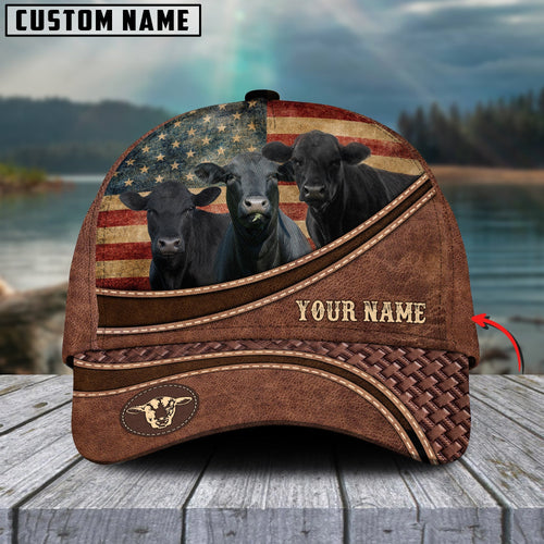 Novacare Black Angus US Flag Personalized Name Brown Carving Leather Pattern 3D Classic Cap