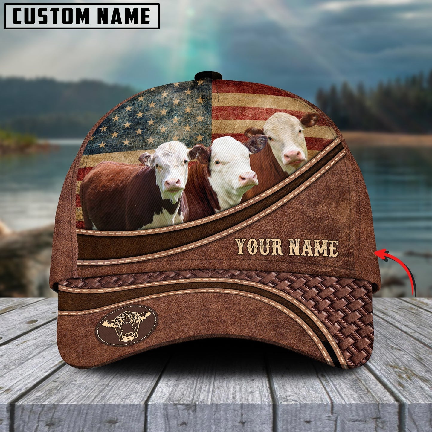 Novacare Hereford Cattle US Flag Personalized Name Brown Carving Leather Pattern 3D Classic Cap