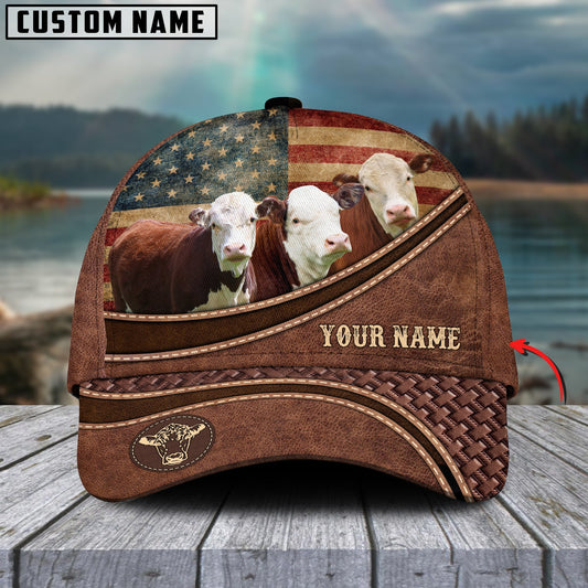 Novacare Hereford Cattle US Flag Personalized Name Brown Carving Leather Pattern 3D Classic Cap