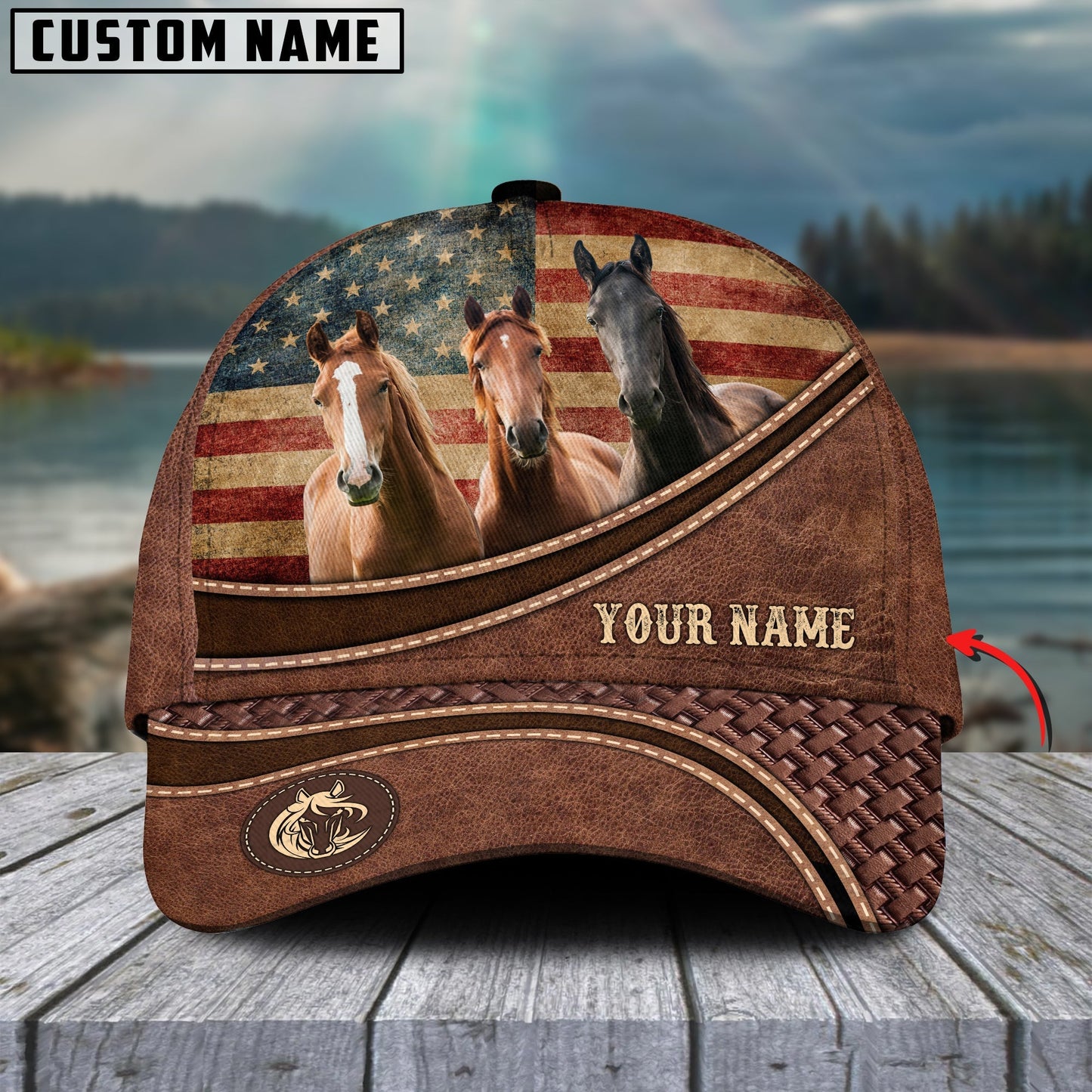 Novacare Horse Cattle US Flag Personalized Name Brown Carving Leather Pattern 3D Classic Cap