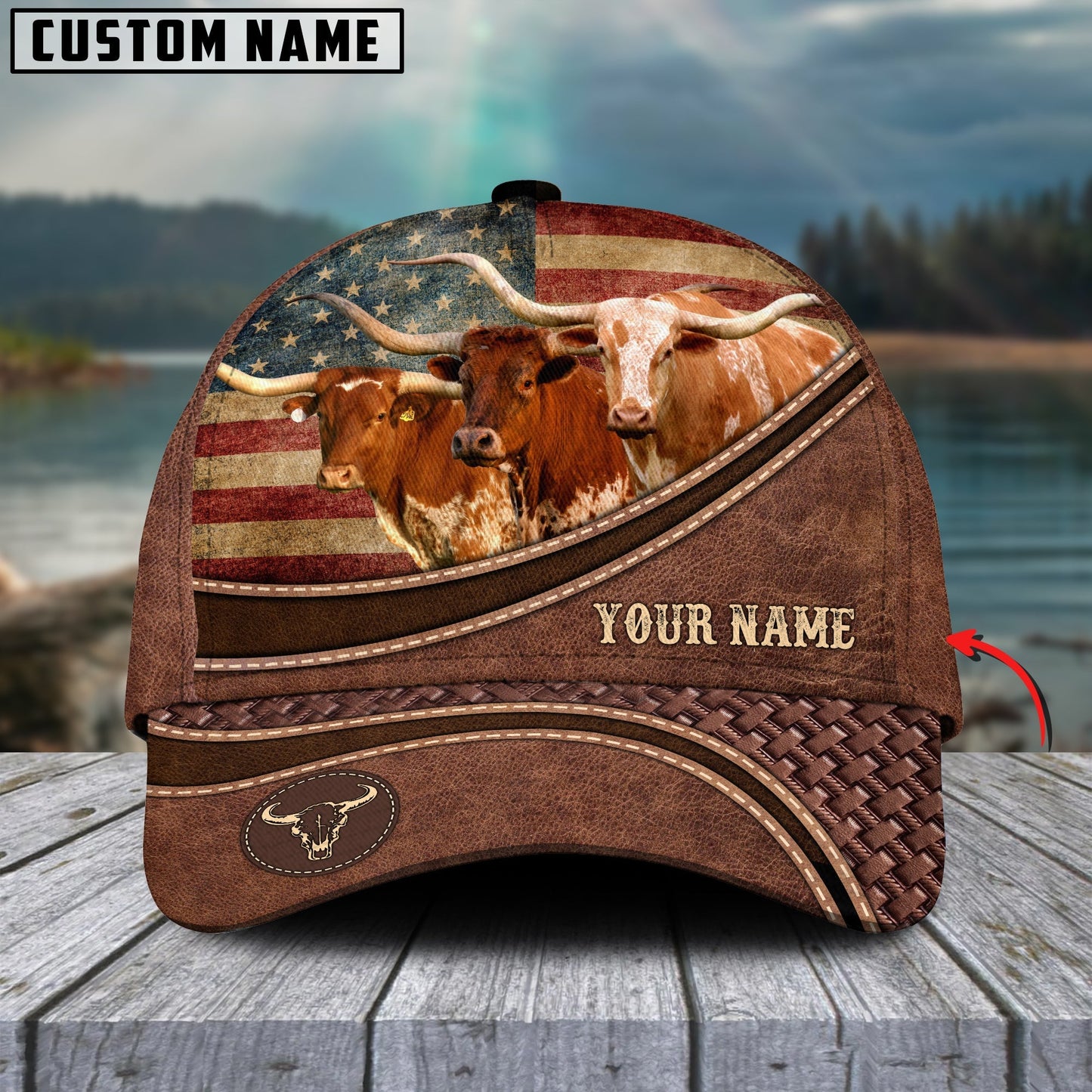 Novacare Texas Longhorn Cattle US Flag Personalized Name Brown Carving Leather Pattern 3D Classic Cap