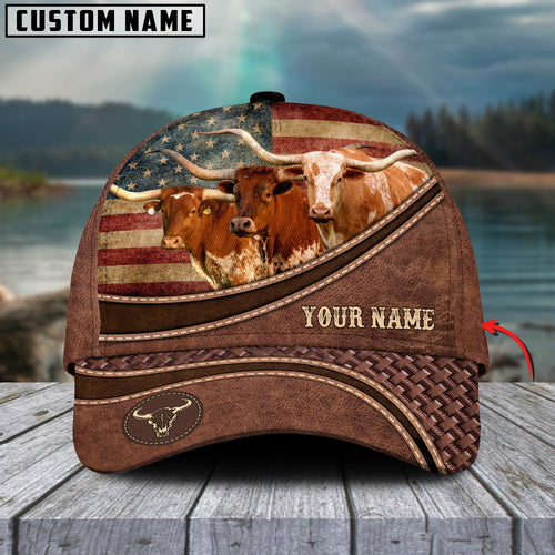Novacare Texas Longhorn Cattle US Flag Personalized Name Brown Carving Leather Pattern 3D Classic Cap