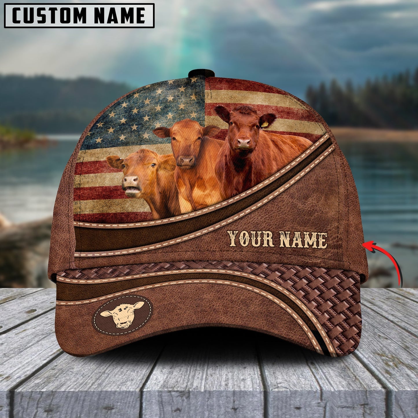 Novacare Red Angus Cattle US Flag Personalized Name Brown Carving Leather Pattern 3D Classic Cap